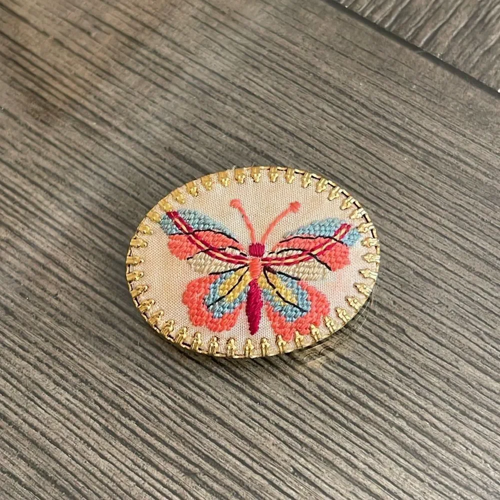 Vintage Embroidered Needlepoint Butterfly Petit Point Brooch Pin
